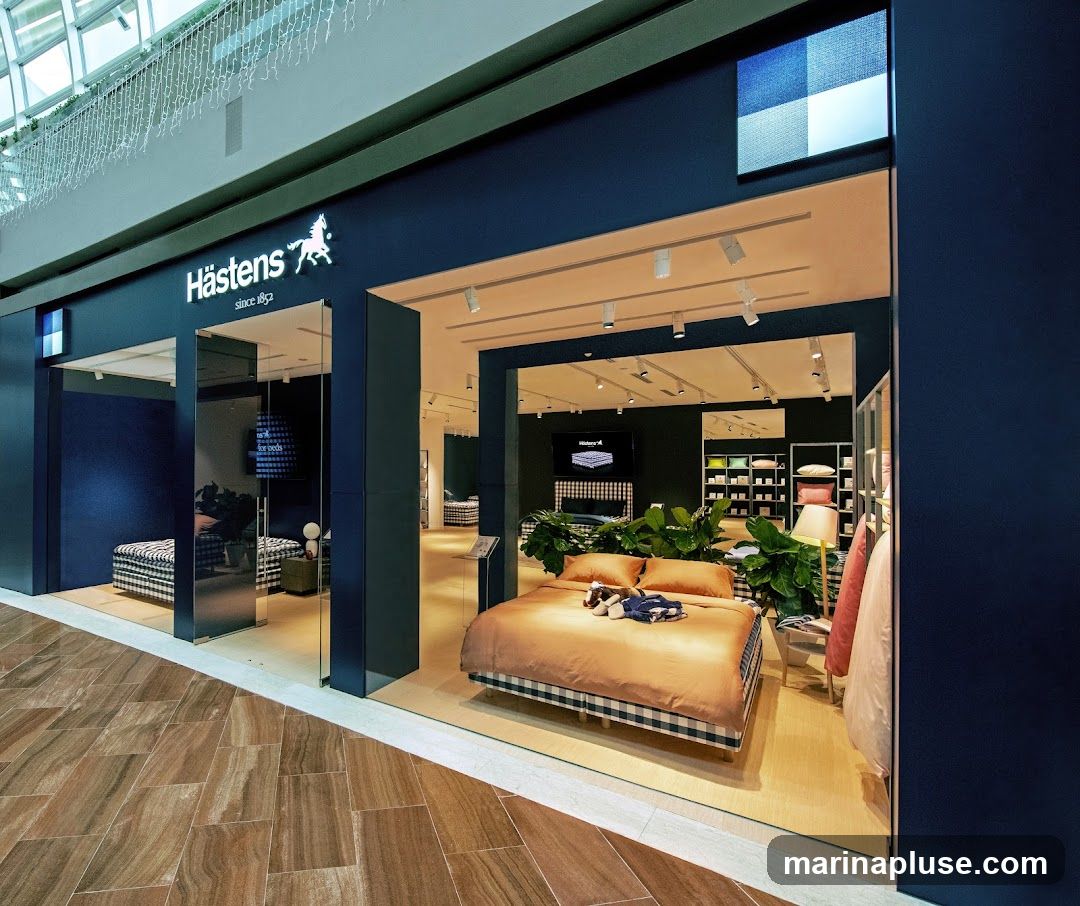 The exterior of a Hästens store, a bed retailer. The storefront features a large glass window displaying a bed with orange bedding and checkered patterns. Inside, shelves are stocked with pillows and bedding. The store's logo, "Hästens since 1852," is visible above the entrance.