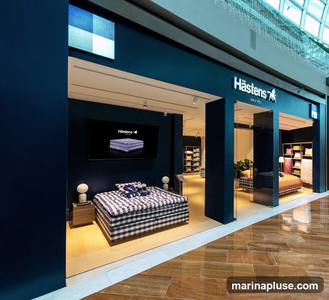 The exterior of a Hästens store, featuring a dark blue facade with the brand's logo and "since 1852" text illuminated in white. Inside, a display bed with blue and white checkered bedding is visible, along with a large screen showing the Hästens logo and a bed. Further into the store, shelves are stocked with pillows and bedding. Mirrored pillars reflect the interior displays.