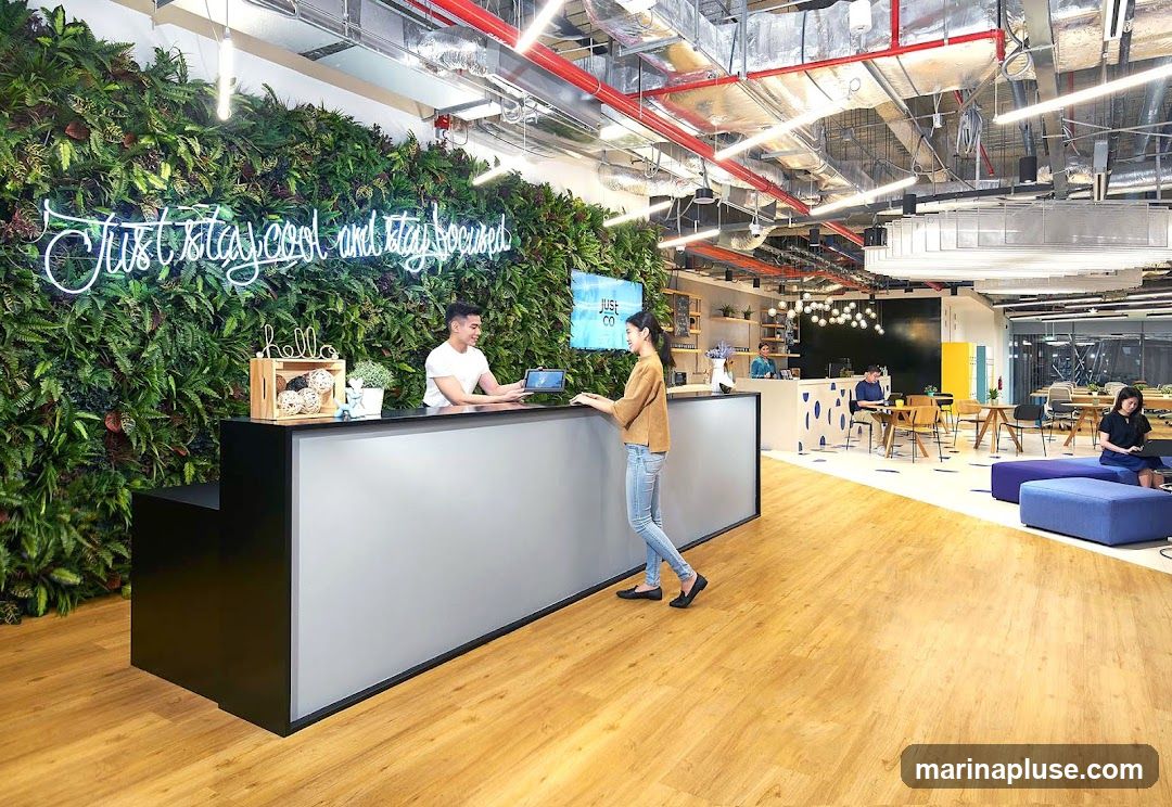 A reception area in a modern co-working space features a large living green wall with a neon sign that reads "just stay cool and stay focused." A receptionist stands behind a sleek counter, interacting with a visitor. The space has wooden floors, industrial-style ceilings with exposed pipes and lighting, and various seating areas with tables and chairs in the background.