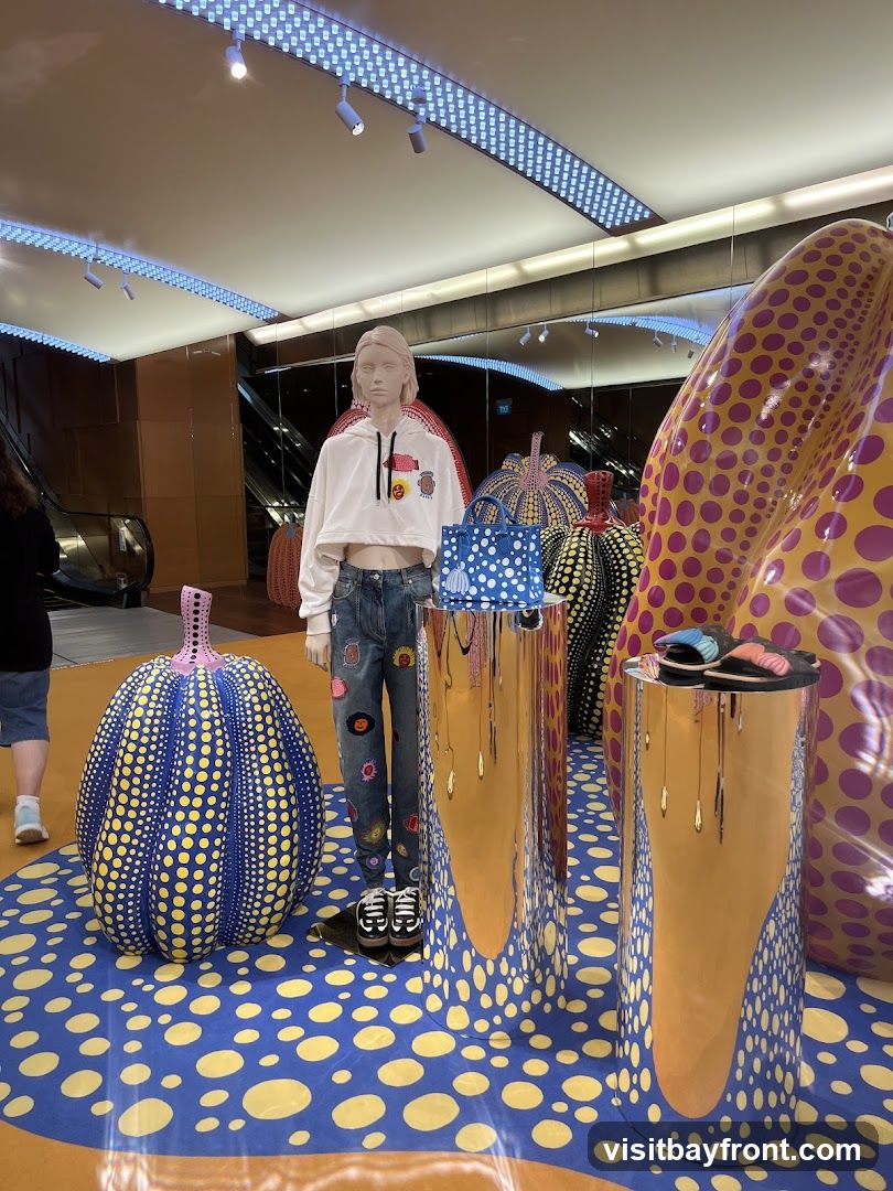 A retail display features a mannequin dressed in a white cropped hoodie and jeans adorned with colorful patches. The mannequin stands amidst large, polka-dotted sculptures resembling pumpkins and other organic shapes in vibrant yellow, purple, and blue. Two reflective cylindrical pedestals display a blue handbag and a pair of sandals. The floor is covered in a blue and yellow polka-dot pattern, and an escalator is visible in the background.