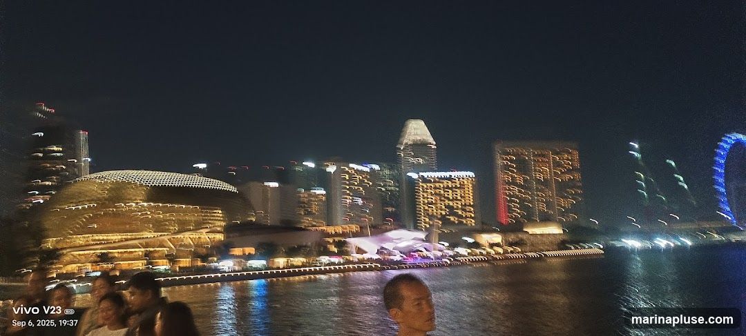 A blurry nighttime photograph captures a vibrant cityscape with illuminated buildings and a large Ferris wheel. The image shows a waterfront with reflections of the lights on the water. Several people are visible in the foreground, out of focus. The overall impression is one of a lively urban environment at night.