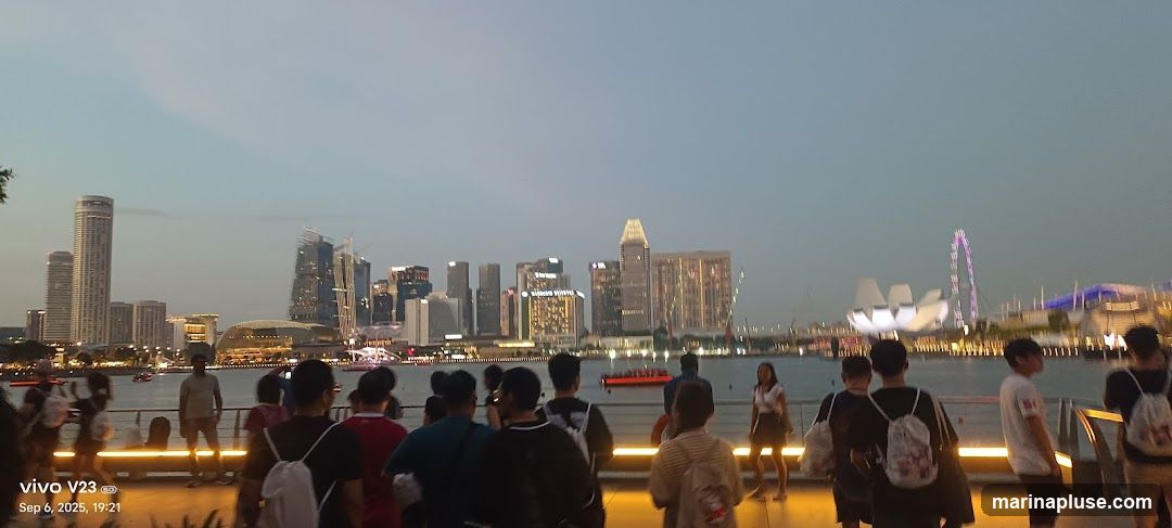 A wide shot of the Singapore skyline at dusk, with numerous skyscrapers illuminated. In the foreground, a group of people are gathered along a waterfront promenade, looking out at the view. Boats are visible on the water, and a Ferris wheel can be seen in the distance. The sky is a pale blue, transitioning into evening.