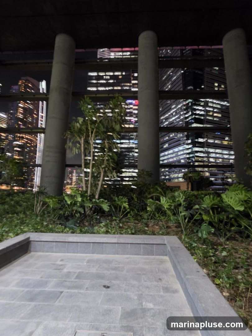 A view of a cityscape at night, seen from a garden area with large concrete pillars in the foreground. The buildings are illuminated with many lights, creating a vibrant urban scene. Lush green plants and trees are visible in the garden, contrasting with the modern architecture.