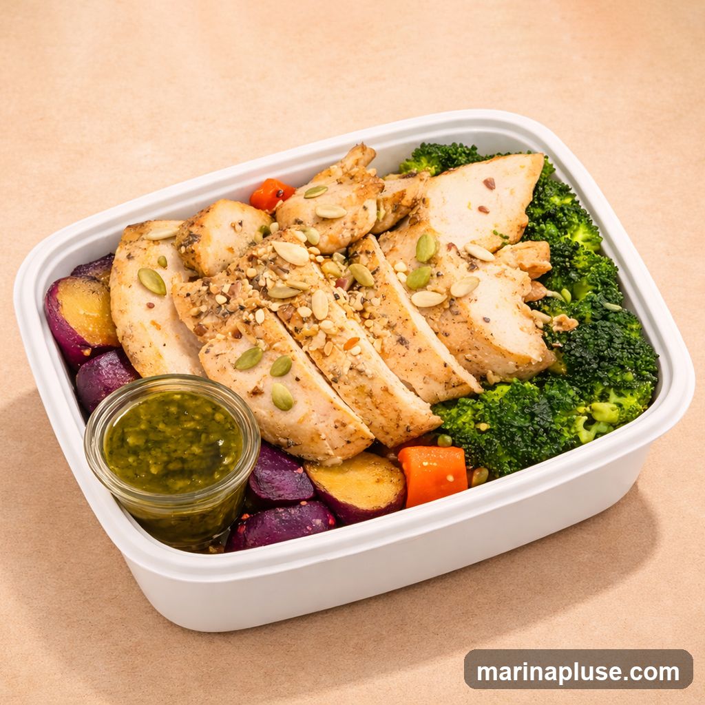 A white takeout container filled with sliced grilled chicken breast, roasted purple sweet potatoes, broccoli florets, and diced carrots. The chicken is topped with a mixture of seeds and chopped nuts. A small glass container of green sauce is on the side.