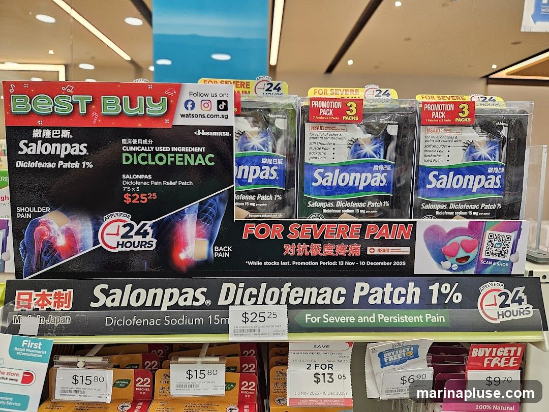 A retail display featuring Salonpas Diclofenac Patch 1% for severe and persistent pain. The display includes promotional signage, product packaging, and pricing information. Several different pack sizes and promotions are visible, including a "Best Buy" offer and a "Promotion Pack" with 3 packs of 7 patches. The product is advertised as clinically used and for shoulder and back pain, applying for 24 hours. Below the main display, other products like mosquito repellent patches and natural patches are also shown with their prices.