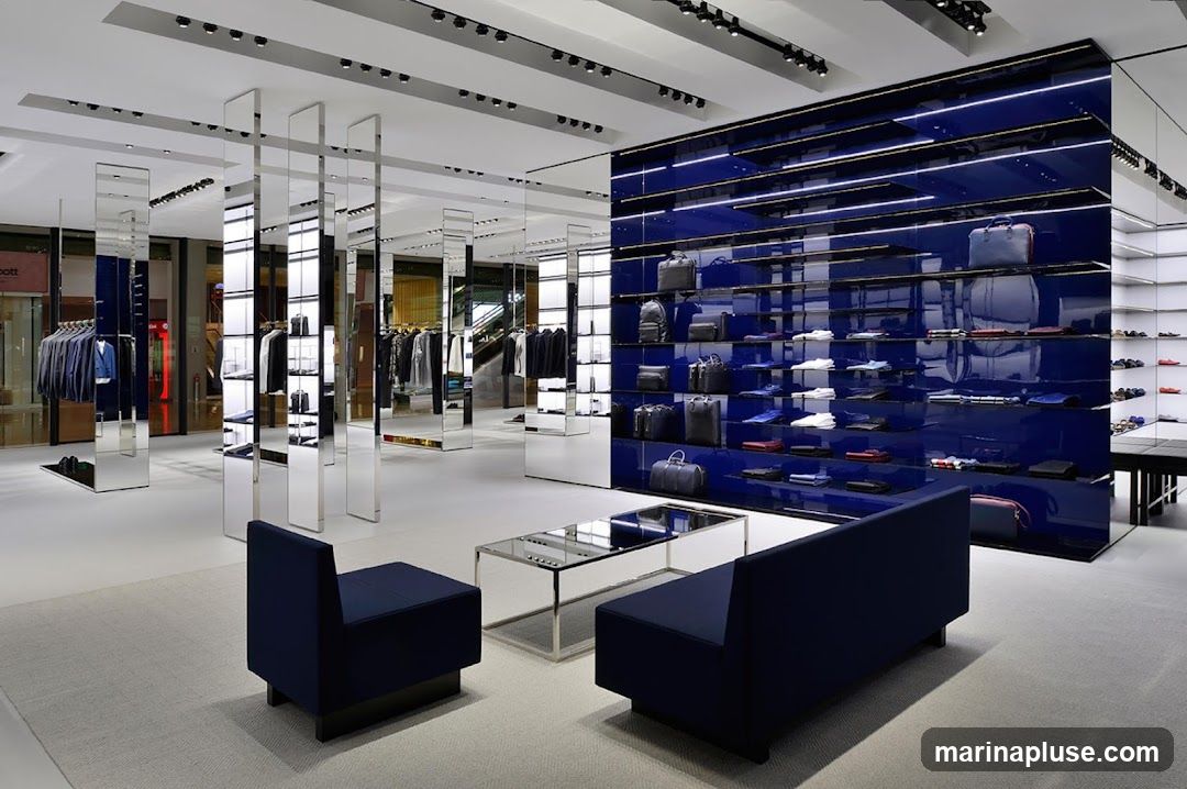 A spacious and modern retail store interior with clothing racks, shelves displaying bags and apparel, and seating areas. The store features a sleek design with mirrored pillars, a prominent blue shelving unit, and minimalist furniture.