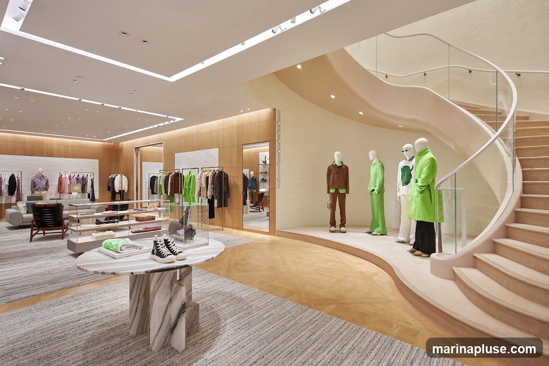 A spacious and modern luxury fashion store interior featuring a curved staircase, mannequins dressed in stylish outfits, and racks of clothing. The store has a clean aesthetic with light wood paneling, white walls, and elegant lighting. A marble table in the foreground displays sneakers and folded garments.