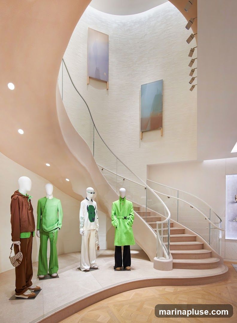 A modern retail interior featuring a curved staircase and mannequins dressed in contemporary fashion. Four mannequins are displayed on the ground floor, showcasing outfits in shades of brown and green. The staircase, with glass railings, ascends to an upper level where two abstract paintings hang on a textured wall. The overall aesthetic is minimalist and chic, with warm lighting and a focus on the displayed garments.