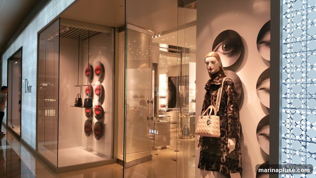 A Dior store's exterior features a large display window showcasing handbags and decorative elements. A mannequin dressed in a leopard-print coat and holding a quilted handbag is prominently displayed. The store's name, 'Dior', is visible on the facade. The interior of the store is visible through the glass, with more handbags and displays.