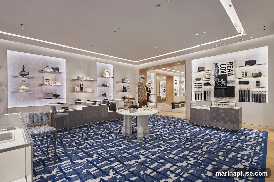 A well-lit, modern luxury retail store interior featuring displays of handbags, scarves, sunglasses, and other accessories. The store has a minimalist design with white walls, illuminated shelves, and a prominent blue and white patterned carpet. Mannequins are dressed in fashionable attire, and a central round table showcases more merchandise. In the background, a glimpse of another section of the store is visible, with additional displays and seating.