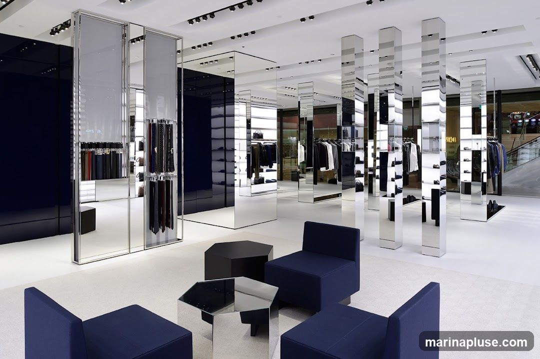 A spacious and modern retail store interior with a minimalist design. The space features dark blue walls, mirrored pillars, and white carpeting. Racks of clothing, including suits and ties, are displayed throughout the store. Seating areas with dark blue sofas and mirrored hexagonal tables are arranged in the foreground. The lighting is bright and overhead.