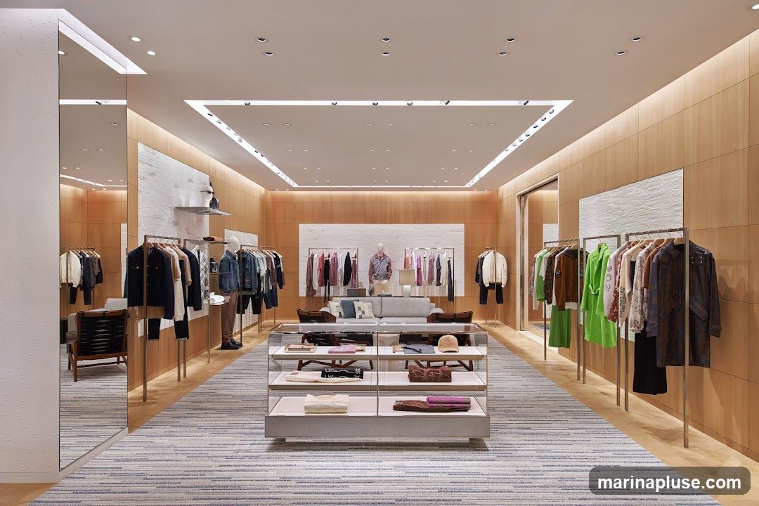 A well-lit, modern luxury clothing store interior. Racks of men's and women's apparel are displayed on polished metal racks. A central display case showcases folded clothing and accessories. A sofa and seating area are visible in the background, with mannequins dressed in outfits. The walls are paneled with light wood, and the floor is covered with a striped carpet. Mirrors are strategically placed to enhance the sense of space.
