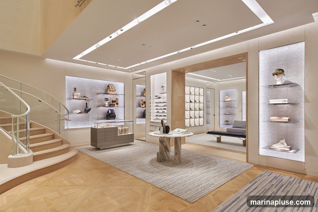The interior of a high-end retail store, featuring a curved staircase on the left, display shelves with handbags, shoes, and accessories, a glass display case, a marble-topped display table, and further display areas with shoes and apparel in the background. The store has a modern and minimalist design with soft lighting.