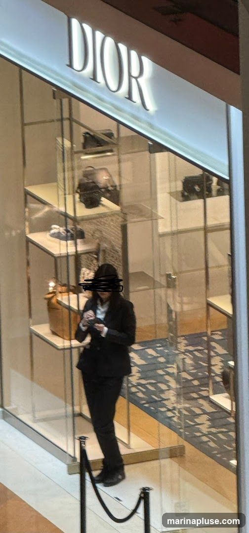 A well-lit storefront with the DIOR logo prominently displayed above a glass facade. Inside, shelves display various luxury goods, including handbags and accessories. A person in a dark suit and hat is visible near the entrance, interacting with a small item.