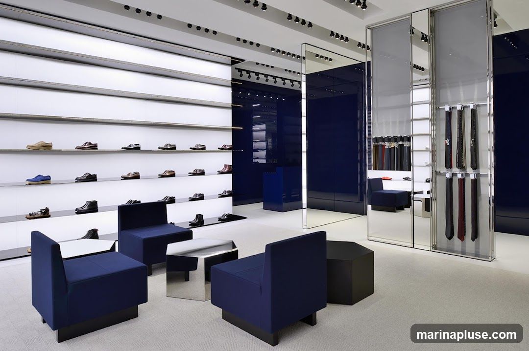 A clean and modern retail space with white shelves displaying various men's shoes. Dark blue seating areas with minimalist tables are arranged throughout the store. Mirrored panels reflect the displays, and a section features hanging ties.