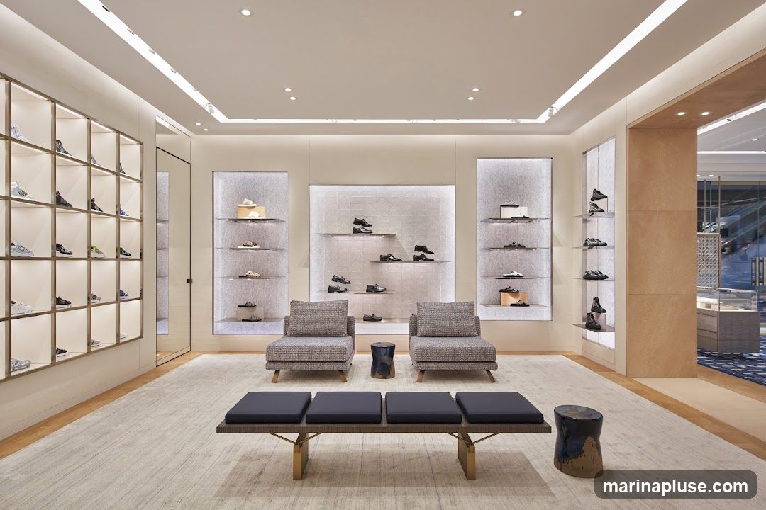 A well-lit, modern shoe store interior featuring a large display wall with numerous shelves showcasing various styles of footwear. In the center of the room, two plush armchairs are positioned facing each other, with a low bench in front of them. A decorative stool sits to the right of the armchairs. The flooring is a light-colored carpet, and the walls are adorned with subtle textured panels and illuminated shelving. The overall ambiance is one of high-end retail and sophisticated design.