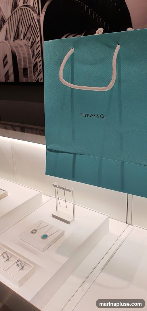 A close-up view of a teal Tiffany & Co. shopping bag with white handles, placed in front of a display case. The bag has the "TIFFANY & CO." logo printed in the center. The display case showcases various jewelry items, including rings and necklaces, on white stands and platforms. In the background, a black and white architectural image is visible.