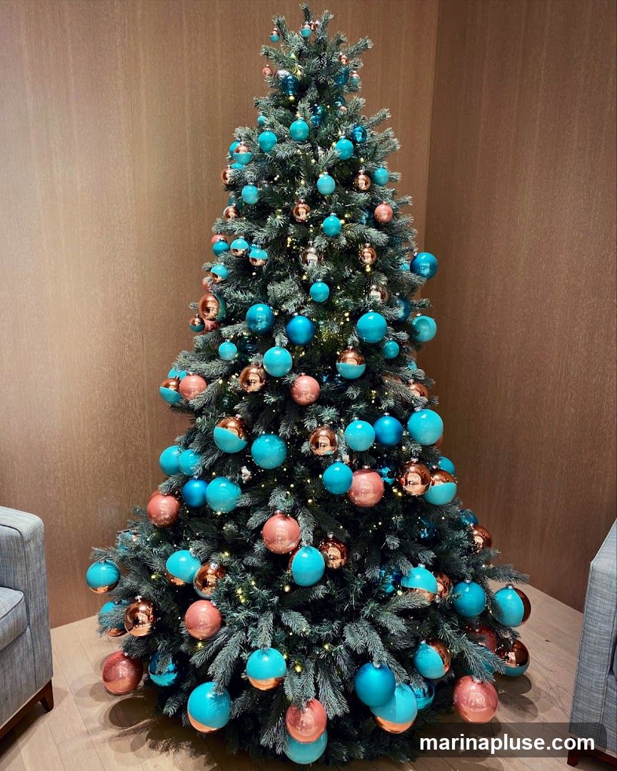 A decorated Christmas tree with teal and copper ornaments and fairy lights. The tree is set against a wood-paneled wall, with a glimpse of a grey armchair on the left.