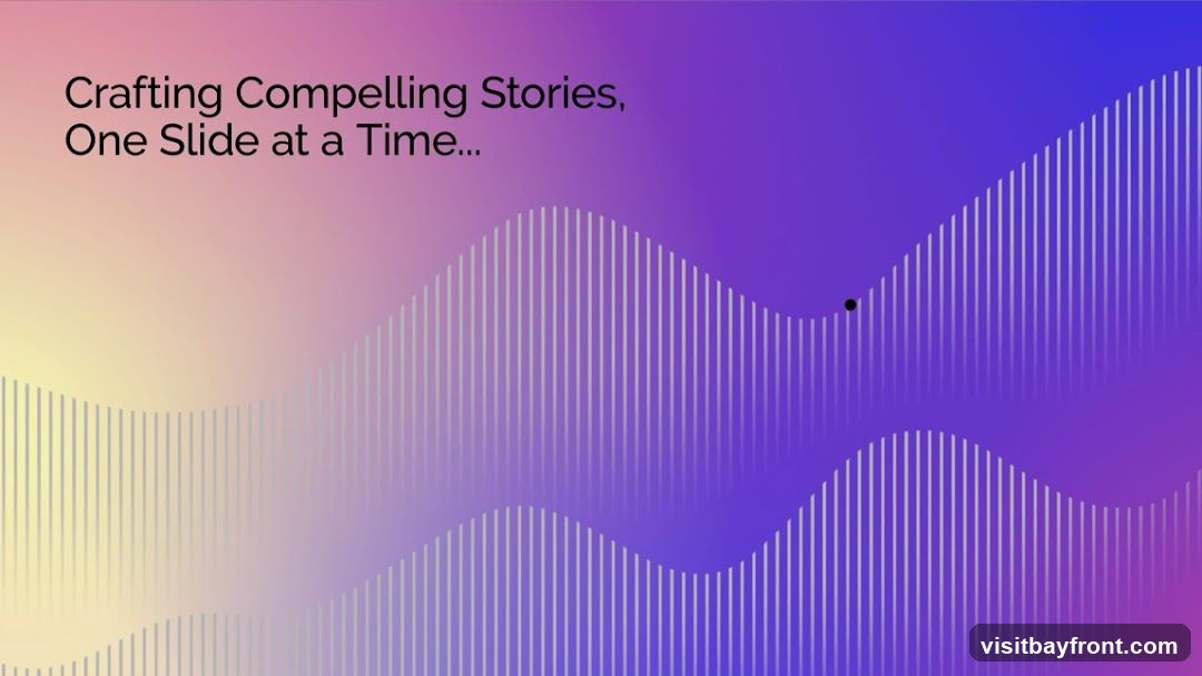 A presentation slide with the text "Crafting Compelling Stories, One Slide at a Time..." against a gradient background of yellow, pink, and purple. Abstract wave-like patterns formed by vertical lines are overlaid on the background.