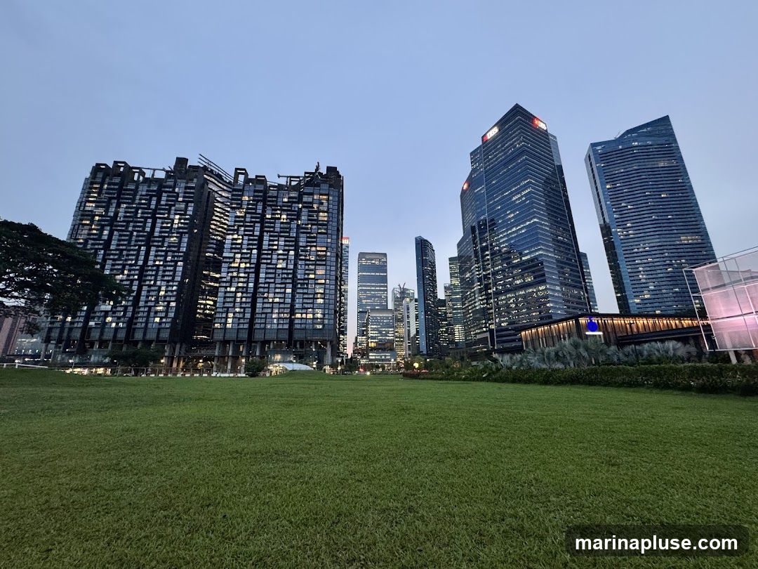 A wide shot of a modern cityscape at dusk, with several tall skyscrapers illuminated by interior lights. In the foreground, a lush green lawn stretches towards the buildings. The sky is a deep blue, transitioning to lighter hues near the horizon. The architecture of the buildings varies, with some featuring sleek, reflective facades and others displaying more intricate, patterned exteriors.