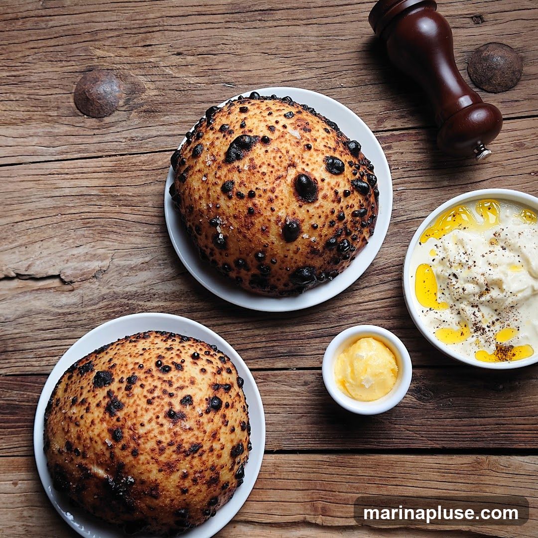 Two round loaves of bread with a dark, blistered crust are served on white plates. A small dish of butter and a bowl of a creamy dip drizzled with olive oil and sprinkled with pepper are also visible on a wooden table. A pepper grinder is in the upper right corner.