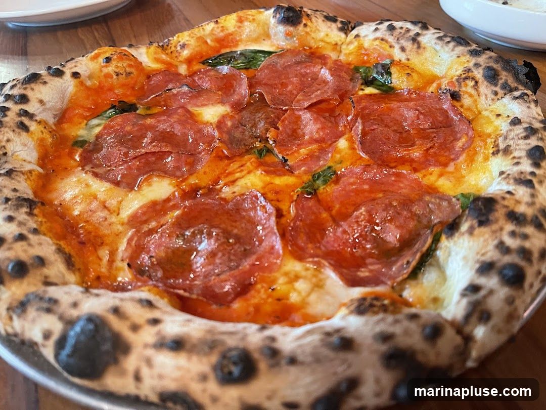 A close-up shot of a freshly baked pepperoni pizza with a charred crust. The pizza is topped with melted cheese, red sauce, and slices of pepperoni, with visible green herbs scattered throughout.