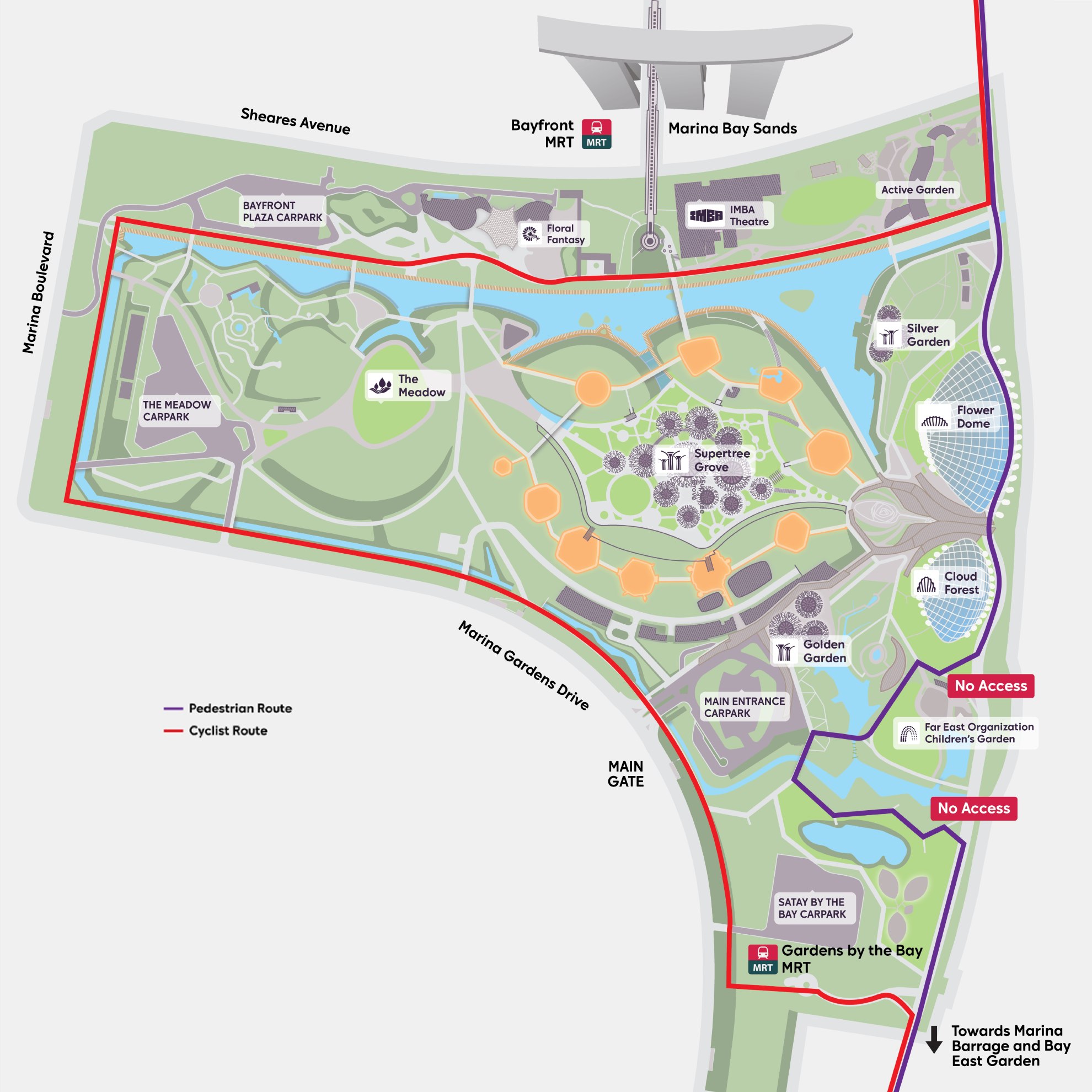 Official Gardens by the Bay diversion map for the Bay South to Bay East Bridge construction showing the pedestrian route and cyclist alternative around Bay South Garden