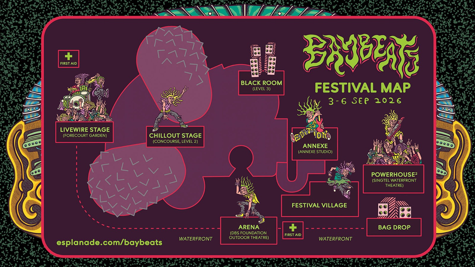 Baybeats 2026 festival map of stages at Esplanade Theatres on the Bay