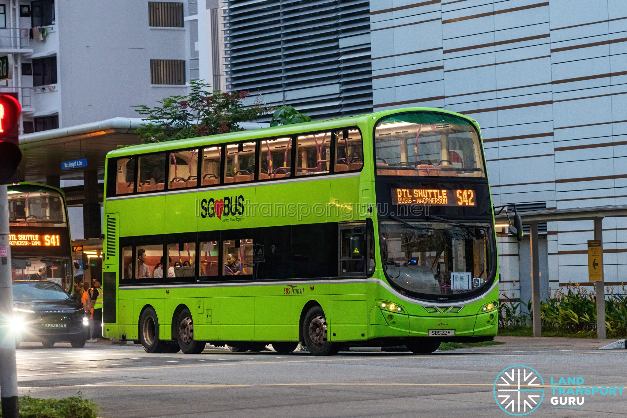 SBS Transit Shuttle 42 bus operating on the Bugis to MacPherson DTL shuttle route during DTL late opening 2026