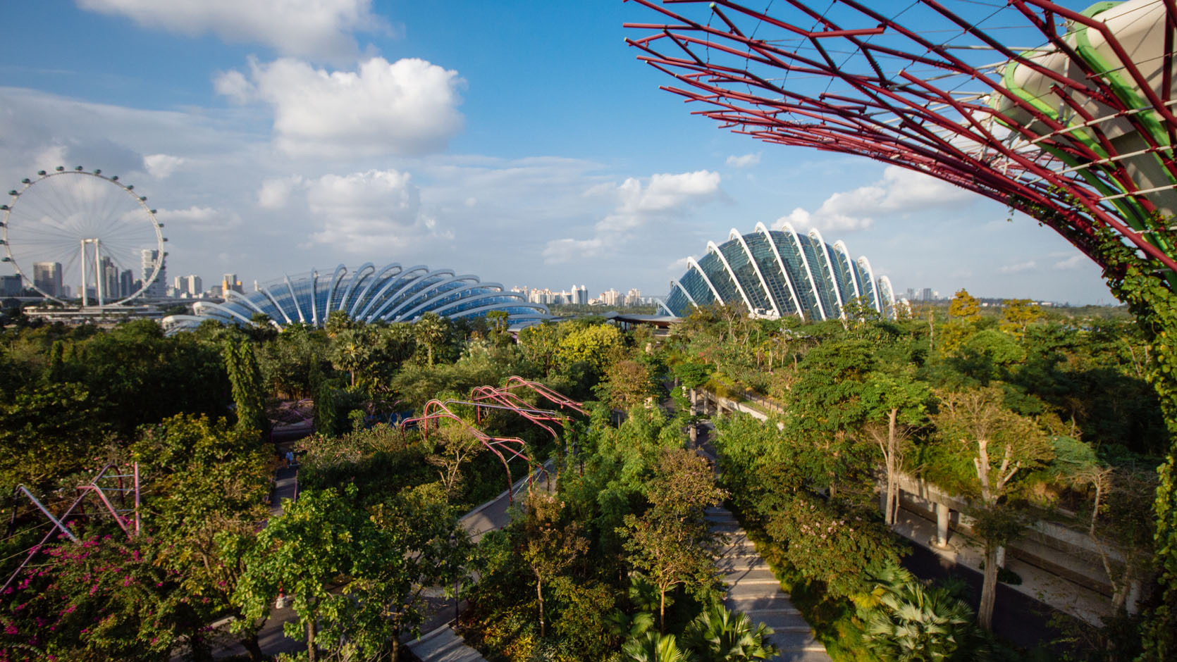 Flower Dome, Cloud Forest and Singapore Flyer seen from Supertree Grove, Gardens by the Bay