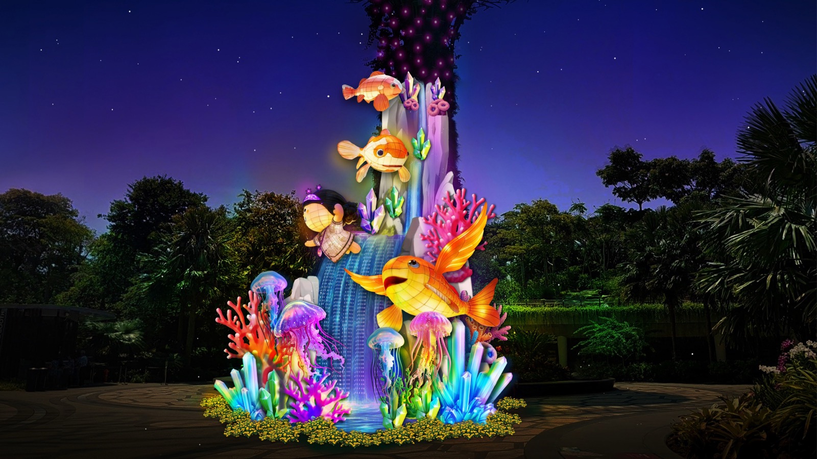 Waterfall Fantasy lantern display at Supertree Grove, Gardens by the Bay Mid-Autumn 2026