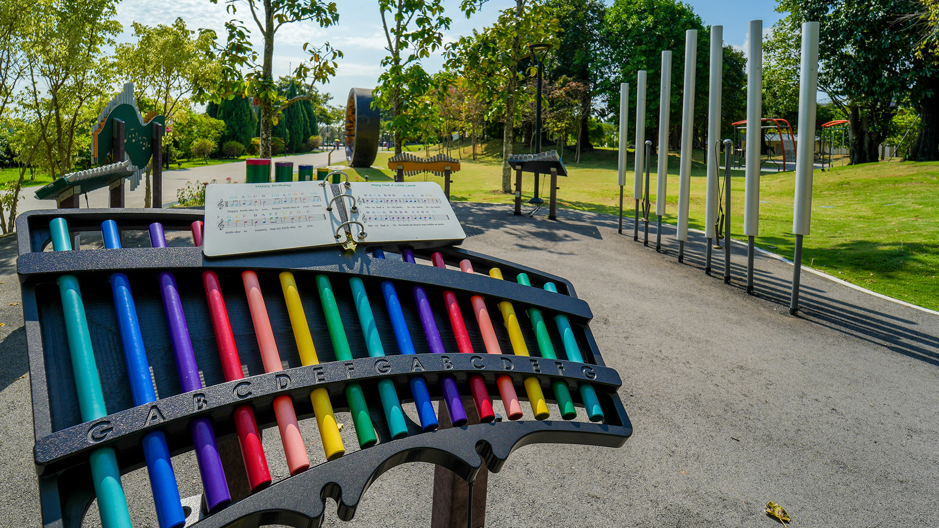 Outdoor musical instruments on the Active Garden lawn, Gardens by the Bay