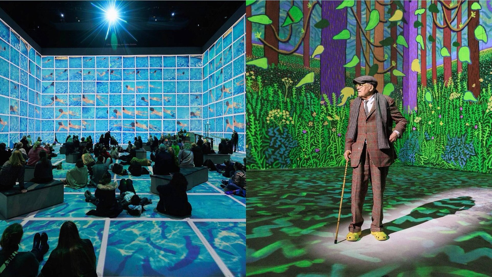 Audiences sit inside the swimming-pool projection of David Hockney Bigger and Closer