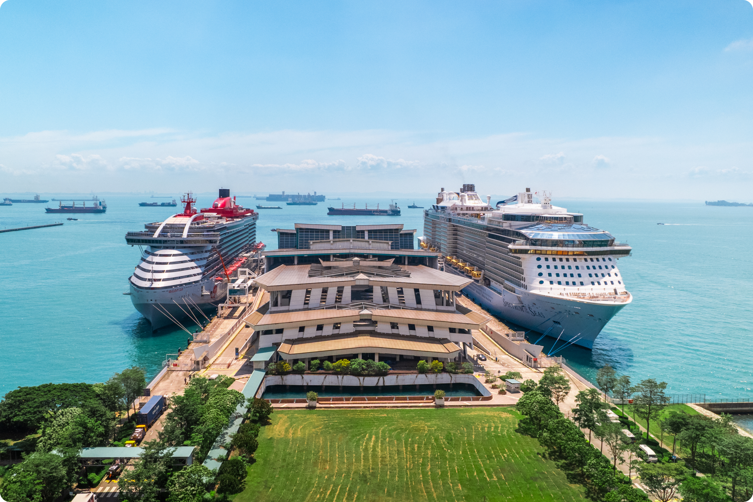 Interior of Marina Bay Cruise Centre Singapore showing the wave-shaped roof and arrival hall