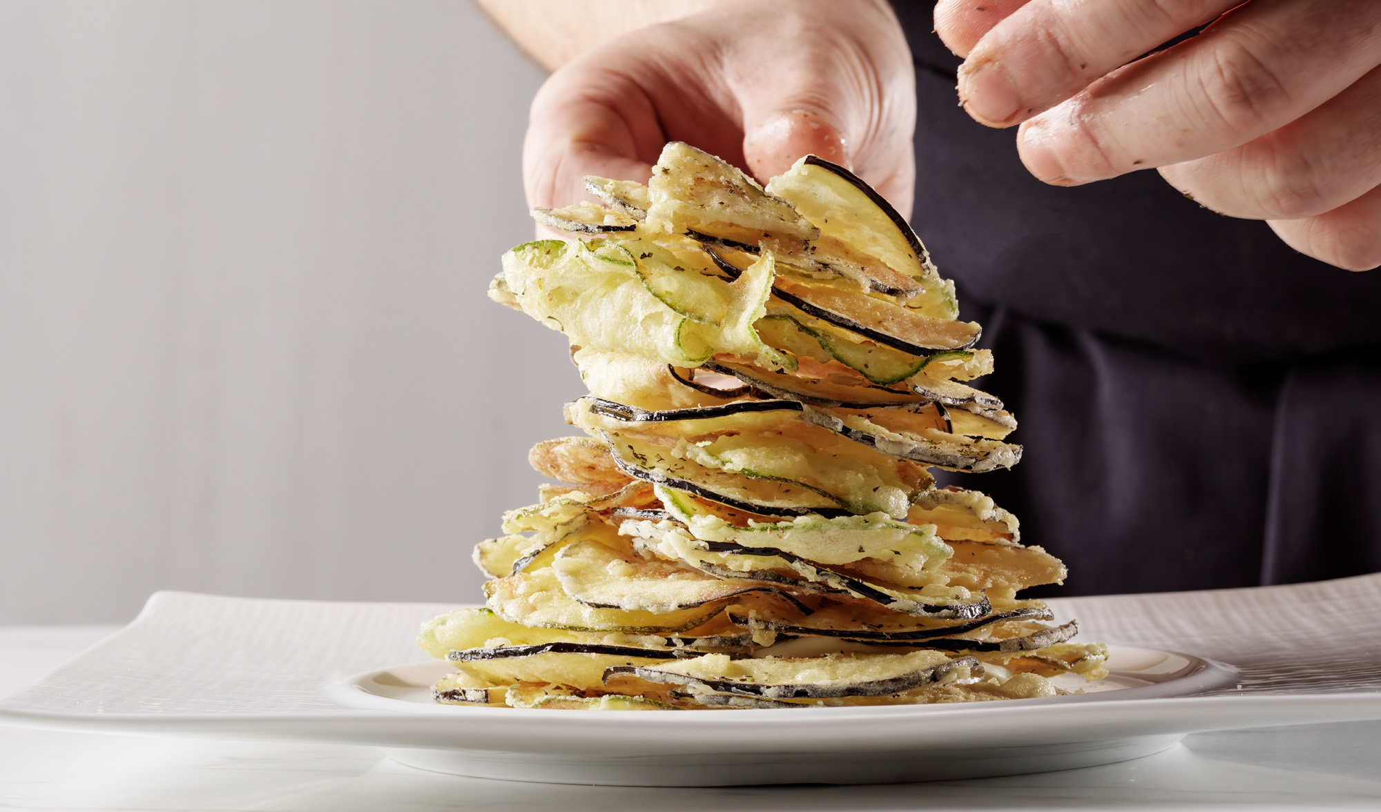 Milos Special tower of crispy zucchini and eggplant at Marina Bay Sands