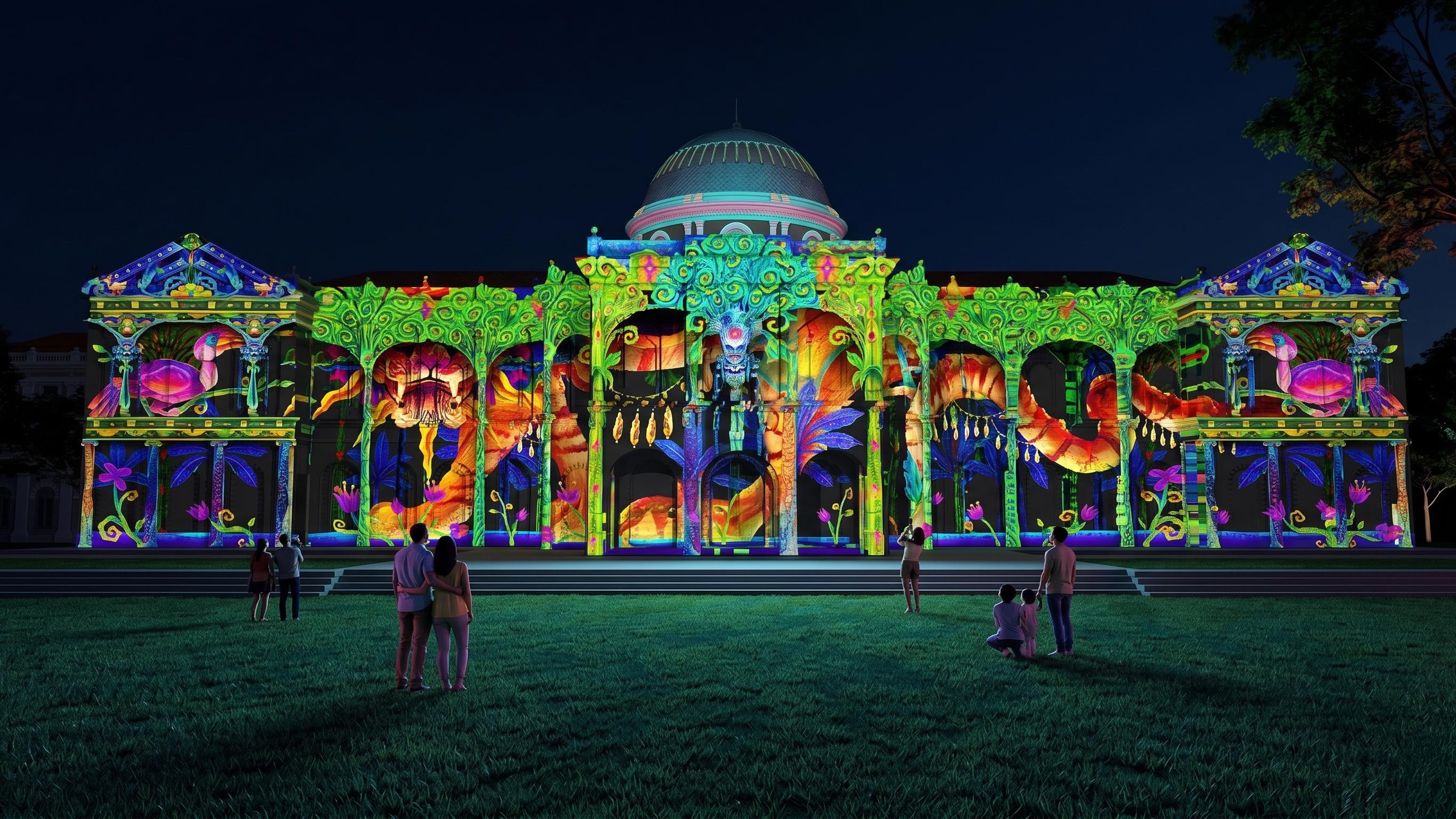 Tales of Earth and Sea projection mapping on the facade of the National Museum of Singapore at Singapore Night Festival 2026